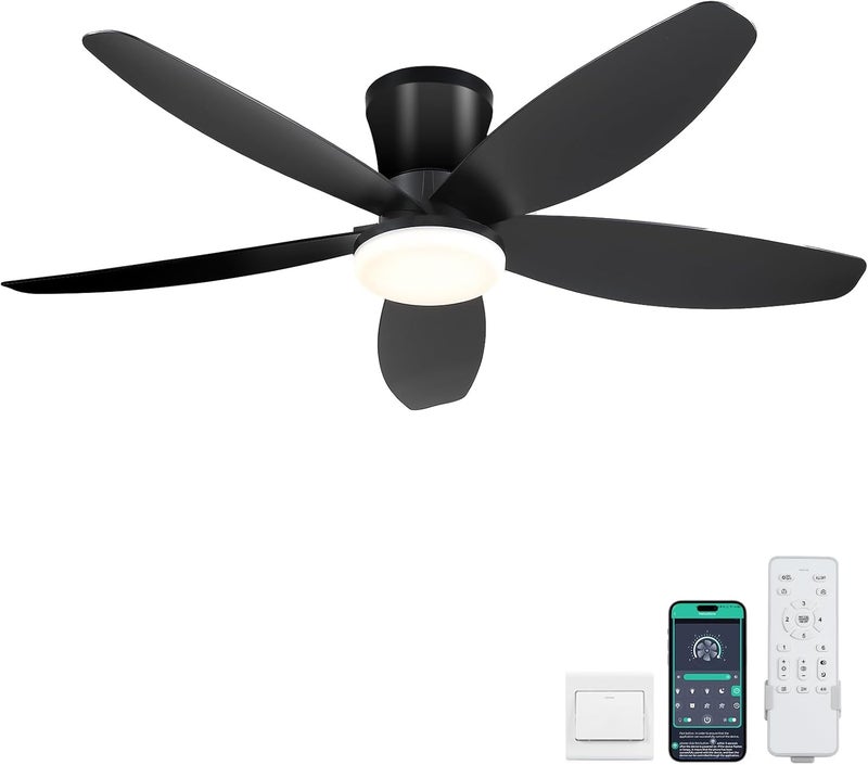 Surtime 42" Ceiling Fans with Lights-Low Profile Ceiling Fan with Light and Remote/APP Control,Flush Mount,DC Reversible,LED Dimmable Blakc Ceiling Fans for Bedroom,Indoor/Outdoor Patio Use - Image 1
